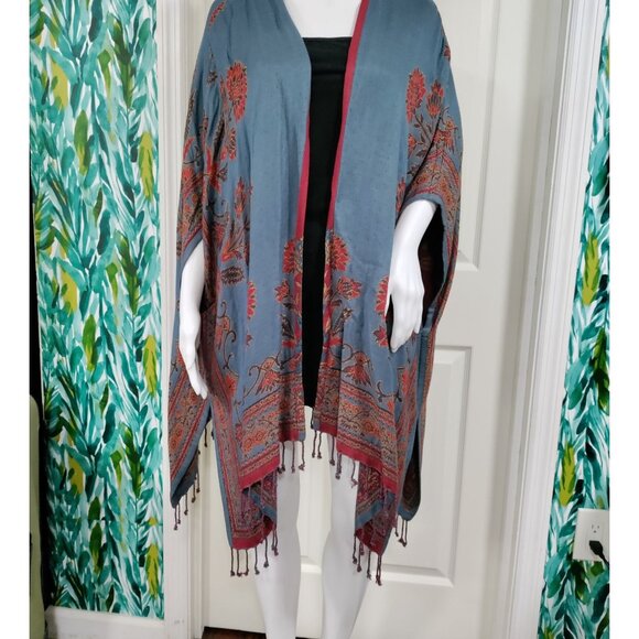 Colleen Lopez Boho Lagenlook Woven Reversible Ruana Fringe Cardigan Shawl XL - Picture 3 of 13